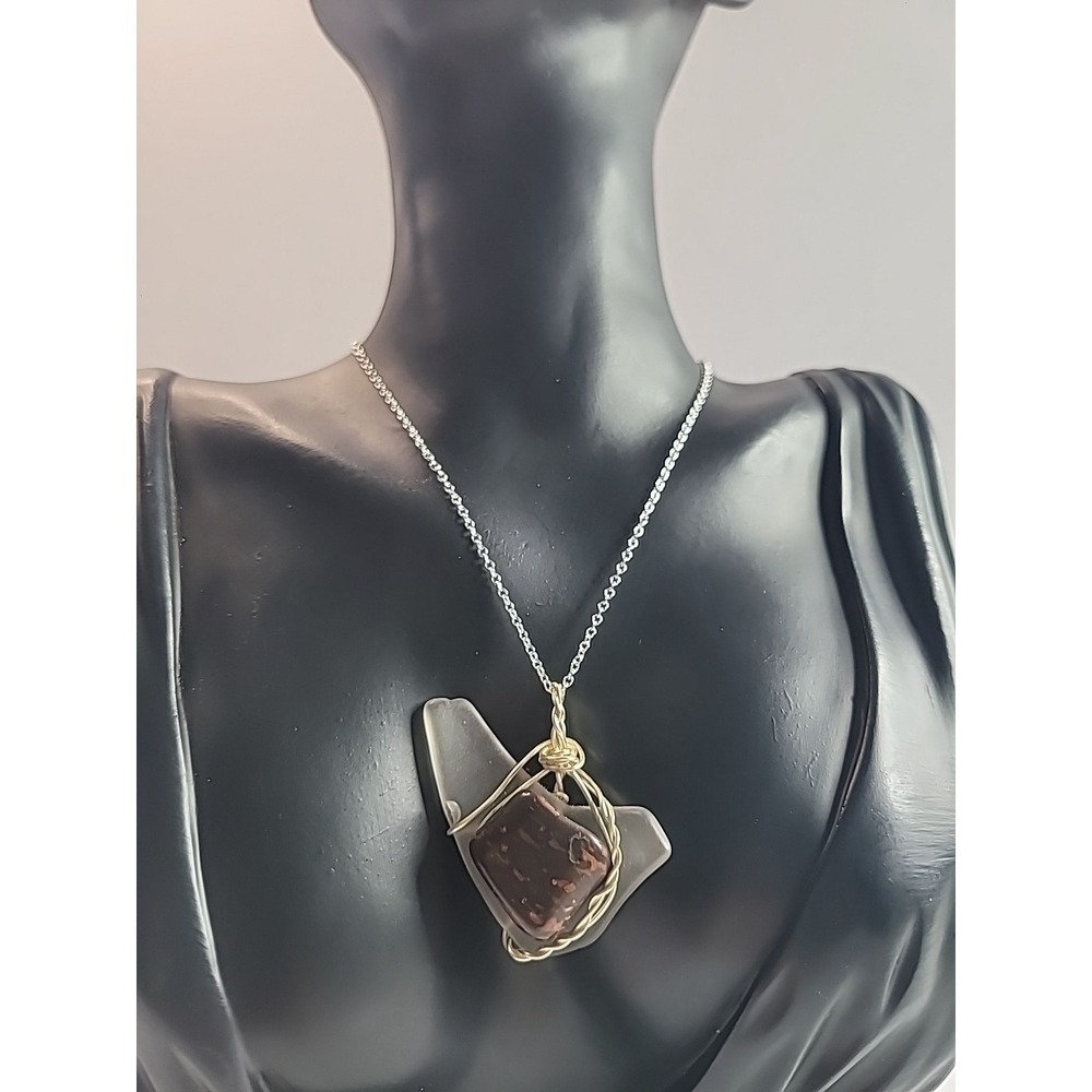 Handmade Wire Wrapped‎ Sea Glass Pendant Necklace Frosted Glass Boho Jewelry